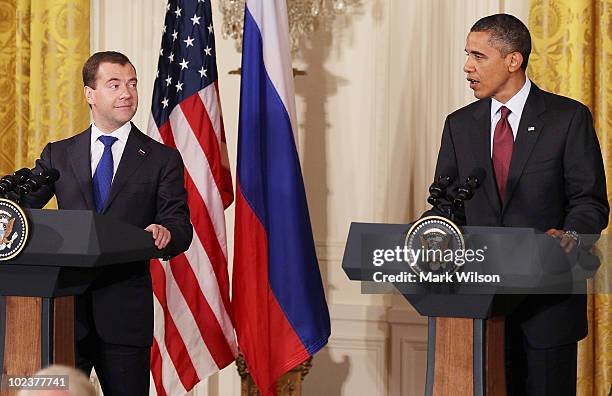 President Barack Obama and Russian President Dmitry Medvedev participate in a news conference in the East Room at the White House on June 24, 2010 in...