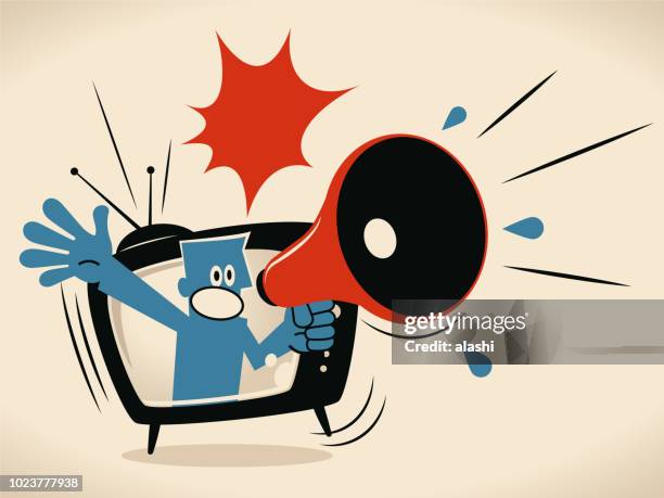 blue man from tv screen shouting with megaphone - television host stock illustrations