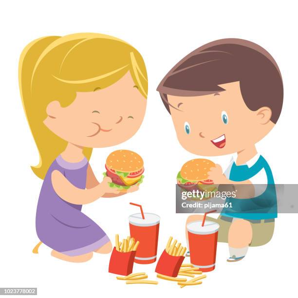 ilustraciones, imágenes clip art, dibujos animados e iconos de stock de niños comiendo hamburguesas - comida rápida