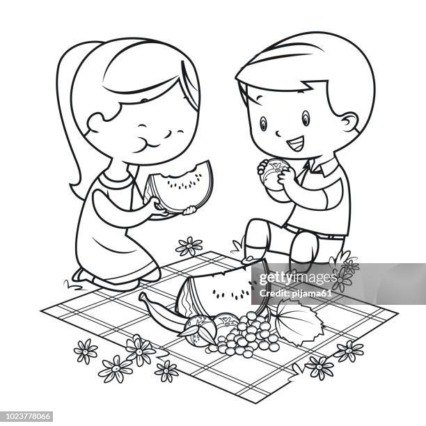 coloring book, kids having a picnic - colouring book stock illustrations