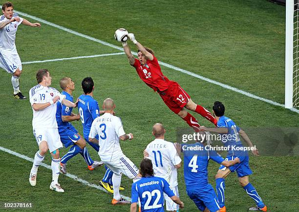 Federico Marchetti of Italy makes a save during the 2010 FIFA World Cup South Africa Group F match between Slovakia and Italy at Ellis Park Stadium...