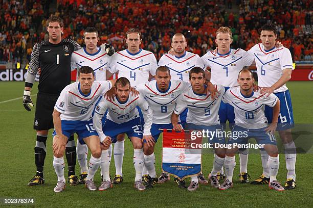 The Netherlands team line up ahead of the 2010 FIFA World Cup South Africa Group E match between Cameroon and Netherlands at Green Point Stadium on...