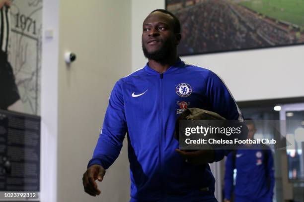 Victor Moses of Chelsea arrives ahead of the Premier League match between Newcastle United and Chelsea FC at St. James Park on August 26, 2018 in...