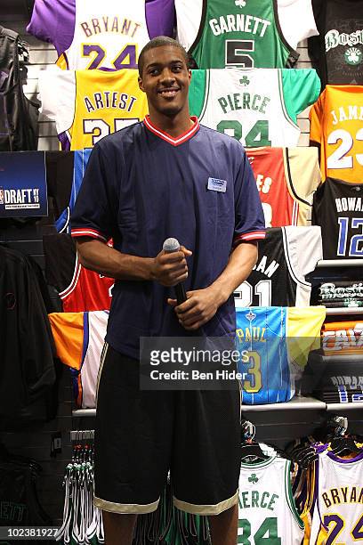 Basketball player Derrick Favors visits Champs Sports on June 24, 2010 in New York City.