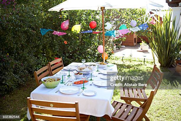 dining table in garden - empty picnic table stock pictures, royalty-free photos & images