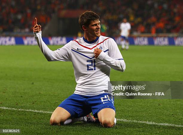Klaas Jan Huntelaar of the Netherlands celebrates scoring during the 2010 FIFA World Cup South Africa Group E match between Cameroon and Netherlands...