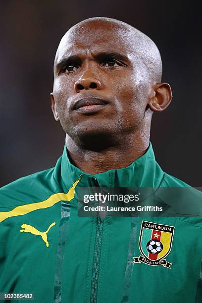 Samuel Eto'o of Cameroon ahead of the 2010 FIFA World Cup South Africa Group E match between Cameroon and Netherlands at Green Point Stadium on June...