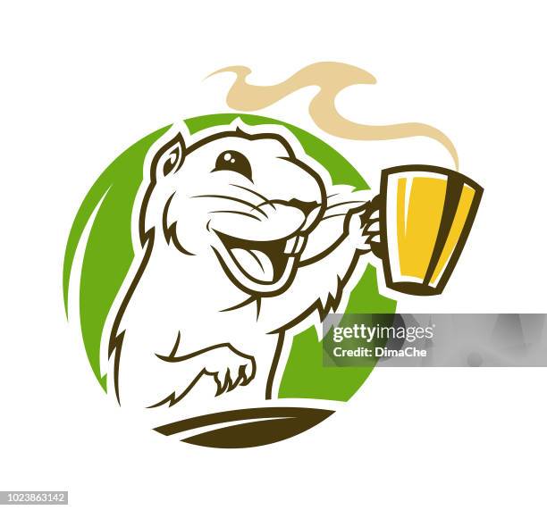 laughing marmot cartoon character. gopher outline silhouette with cup of hot coffee or tea - squirrel stock illustrations