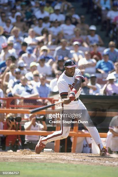 Dave Winfield of the California Angels bats during the game against the Minnesota Twins at Anaheim Stadium on August 7, 1991 in Anaheim, California.