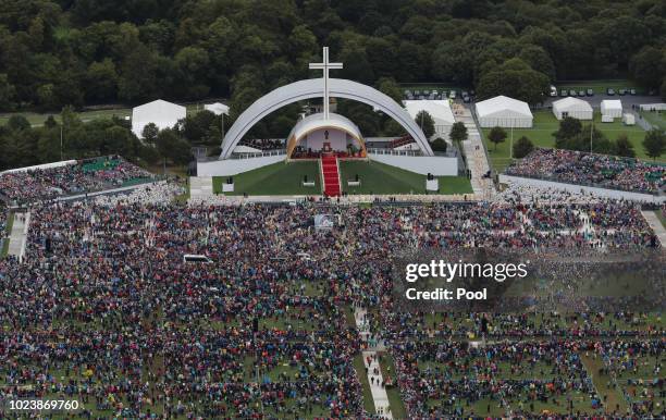 An aerial view of the crowd at Phoenix Park as Pope Francis attends the closing Mass at the World Meeting of Families, as part of his visit to...