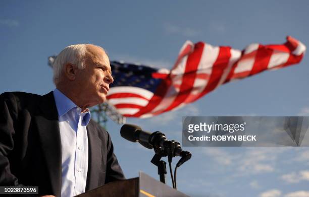 Republican presidential candidate Arizona Sen. John McCain speaks at a campaign rally at Raymond James Stadium in Tampa, Florida on November 3, 2008....