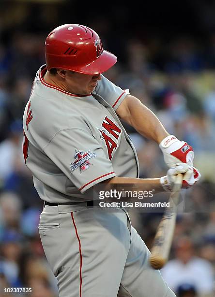 Robb Quinlan of the Los Angeles Angels of Anaheim bats against the Los Angeles Dodgers at Dodger Stadium on June 11, 2010 in Los Angeles, California.