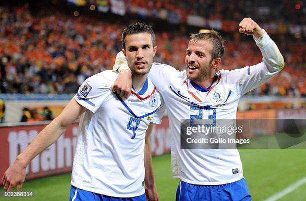 Robin van Persie and Rafeal van der Vaart of Netherlands celebrates during the 2010 FIFA World Cup South Africa Group E match between Cameroon and...