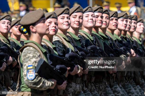 Servicewomen march during a military parade marking Ukraine's Independence Day in Kyiv, Ukraine August 24, 2018.