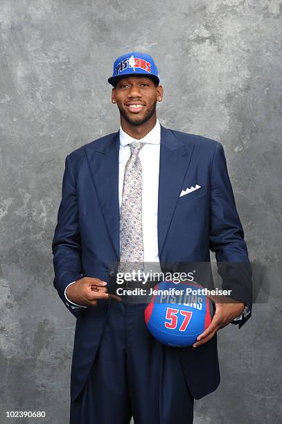 Greg Monroe, selected number seven by the Detroit Pistons poses for a portrait during the 2010 NBA Draft at The WaMu Theatre at Madison Square Garden...