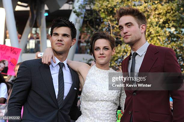 Actors Taylor Lautner, Kristen Stewart and Robert Pattinson arrive at the premiere of Summit Entertainment's "The Twilight Saga: Eclipse" during the...