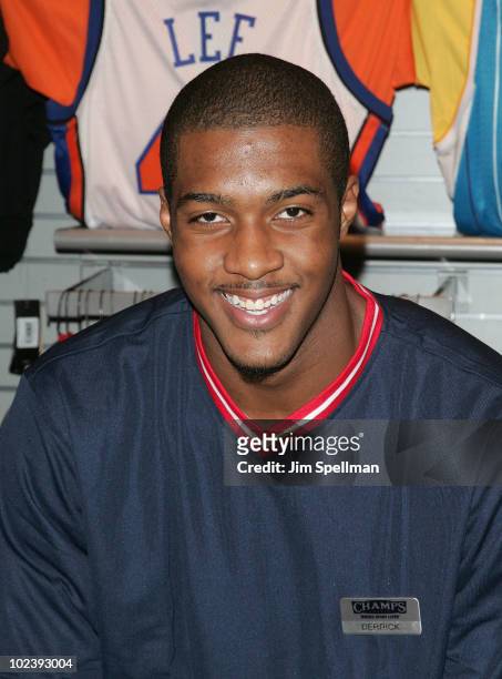 Derrick Favors visits Champs Sports on June 24, 2010 in New York City.