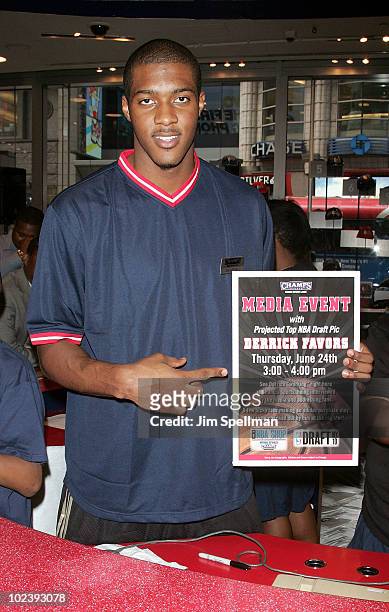 Derrick Favors visits Champs Sports on June 24, 2010 in New York City.