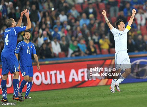 Slovakia's midfielder Marek Hamsik jumps with joy at the end of the Group F first round 2010 World Cup football match Italy versus Slovakia on June...