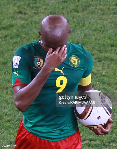 Cameroon's striker Samuel Eto'o reacts after their Group E first round 2010 World Cup football match on June 24, 2010 at Green Point stadium in Cape...