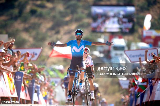 Movistar's Spanish cyclist Alejandro Valverde celebrates as he crosses the finish line, winning the second stage of the 73rd edition of "La Vuelta"...