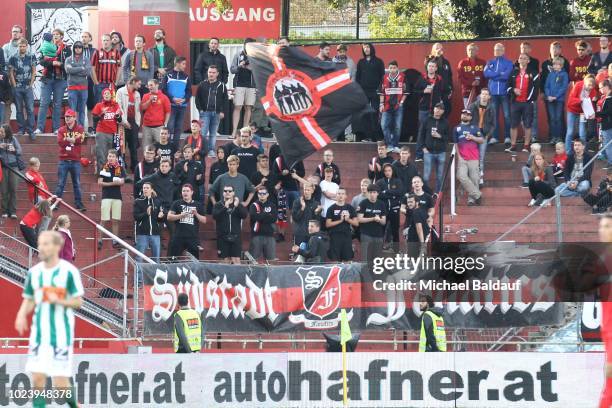 Fans of Admira during the tipico Bundesliga match between FC Admira Wacker and SV Mattersburg at BFSZ Arena on August 26, 2018 in Maria Enzersdorf,...