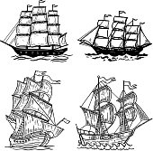 Set of sea ship illustrations isolated on white background. Design element for poster, t shirt, card, emblem, sign, badge