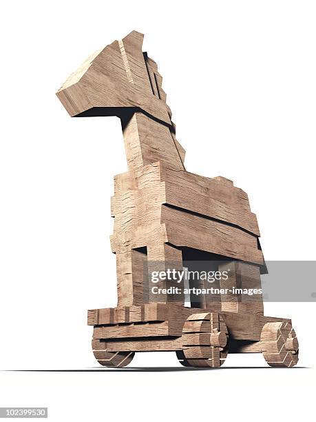 the wooden trojan horse on white background - trojan horse 個照片及圖片檔
