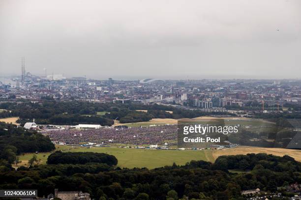 An aerial view of the crowd at Phoenix Park as Pope Francis attends the closing Mass at the World Meeting of Families, as part of his visit to...