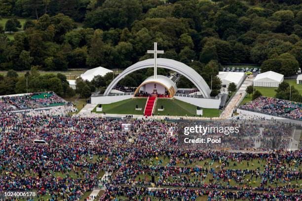 An aerial view of the crowd at Phoenix Park as Pope Francis attends the closing Mass at the World Meeting of Families, as part of his visit to...