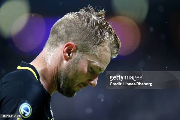 Sebastian Larsson of AIK looks on during the Allsvenskan match between AIK and Trelleborgs FF at Friends Arena on August 26, 2018 in Stockholm,...