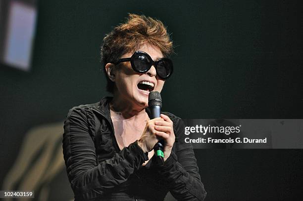 Yoko Ono gives a speech during the 'Grey' Seminar as part of the 57th International Advertising Festival held at the Palais des festivals on June 25,...