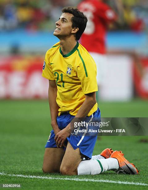 Nilmar of Brazil reacts during the 2010 FIFA World Cup South Africa Group G match between Portugal and Brazil at Durban Stadium on June 25, 2010 in...