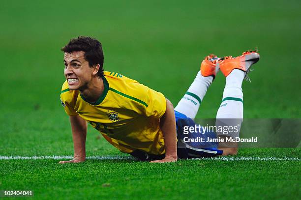 Nilmar of Brazil picks himself up during the 2010 FIFA World Cup South Africa Group G match between Portugal and Brazil at Durban Stadium on June 25,...