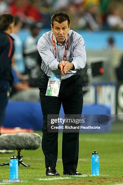 Carlos Dunga head coach of Brazil gestures on the touchline during to the 2010 FIFA World Cup South Africa Group G match between Portugal and Brazil...