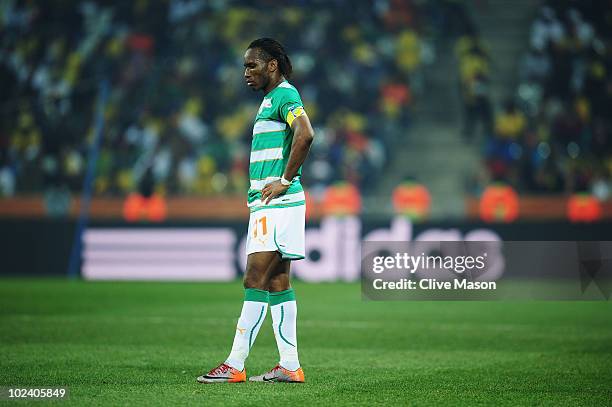 Didier Drogba of the Ivory Coast looks thoughtful during the 2010 FIFA World Cup South Africa Group G match between North Korea and Ivory Coast at...