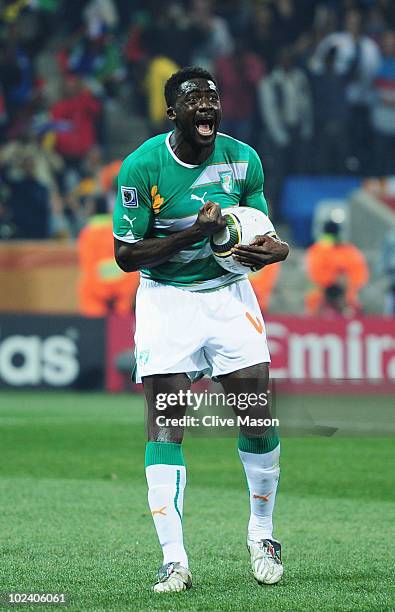 Kolo Toure of the Ivory Coast shouts at referee Alberto Undiano after he makes a decision during the 2010 FIFA World Cup South Africa Group G match...