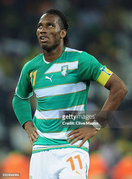 Didier Drogba of the Ivory Coast reacts during the 2010 FIFA World Cup South Africa Group G match between North Korea and Ivory Coast at the Mbombela...