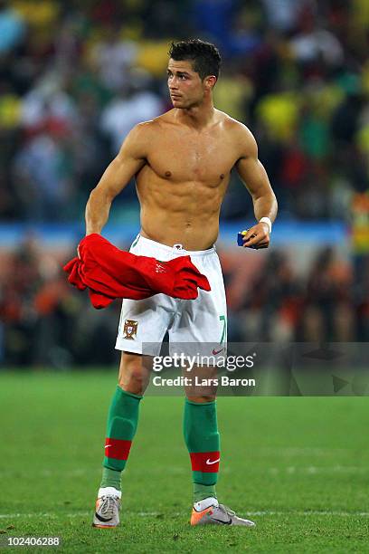 Cristiano Ronaldo of Portugal removes his shirt after the 2010 FIFA World Cup South Africa Group G match between Portugal and Brazil at Durban...