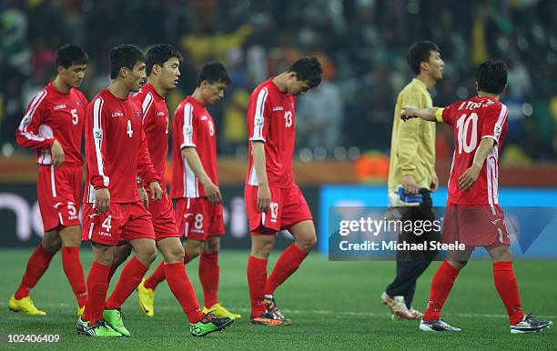The North Korea team after defeat and elimination from the tournament during the 2010 FIFA World Cup South Africa Group G match between North Korea...