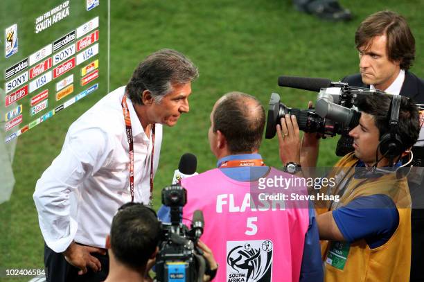 Carlos Queiroz head coach of Portugal is interviewed after the 2010 FIFA World Cup South Africa Group G match between Portugal and Brazil at Durban...