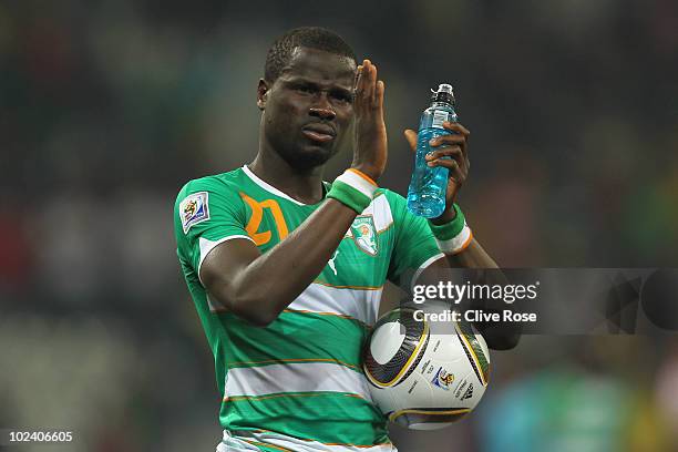 Dejected Emmanuel Eboue of the Ivory Coast after victory in the game but elimination from the tournament during the 2010 FIFA World Cup South Africa...