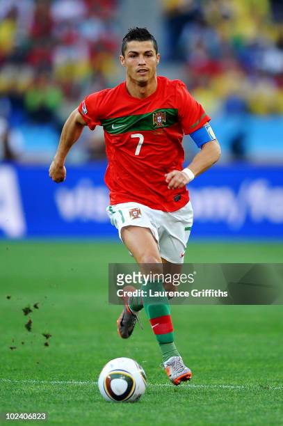 Cristiano Ronaldo of Portugal in action during the 2010 FIFA World Cup South Africa Group G match between Portugal and Brazil at Durban Stadium on...