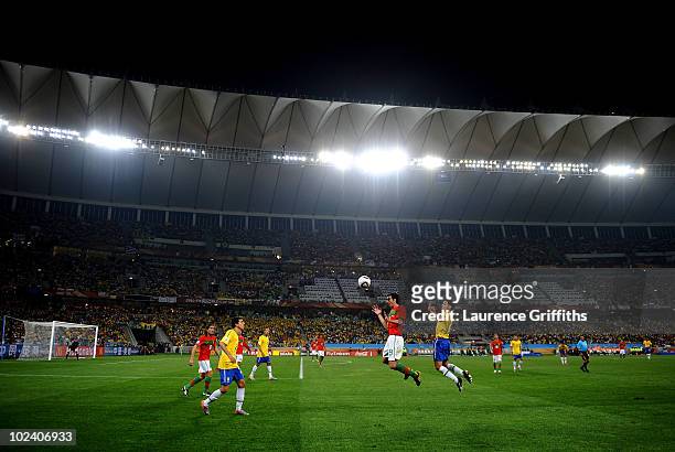 Wide general view of action during the 2010 FIFA World Cup South Africa Group G match between Portugal and Brazil at Durban Stadium on June 25, 2010...