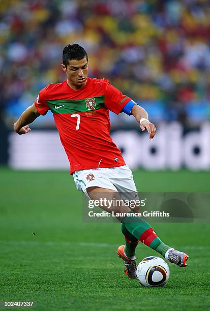 Cristiano Ronaldo of Portugal in action during the 2010 FIFA World Cup South Africa Group G match between Portugal and Brazil at Durban Stadium on...