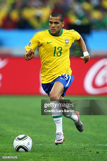 Dani Alves of Brazil in action during the 2010 FIFA World Cup South Africa Group G match between Portugal and Brazil at Durban Stadium on June 25,...