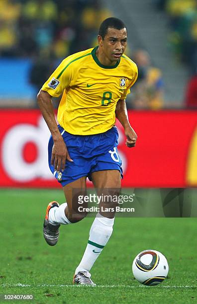 Gilberto Silva of Brazil in action during the 2010 FIFA World Cup South Africa Group G match between Portugal and Brazil at Durban Stadium on June...