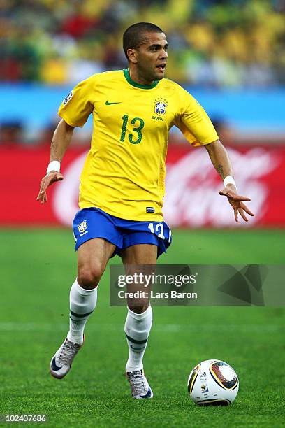 Dani Alves of Brazil in action during the 2010 FIFA World Cup South Africa Group G match between Portugal and Brazil at Durban Stadium on June 25,...