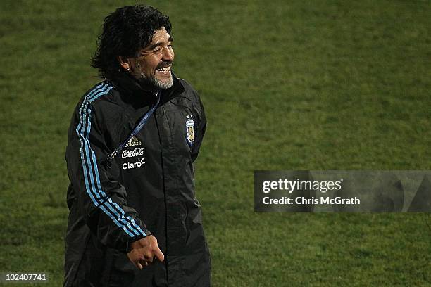 Argentina's head coach Diego Maradona walks off the pitch after a during a team training session on June 23, 2010 in Pretoria, South Africa.