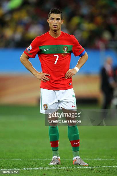 Cristiano Ronaldo of Portugal in action during the 2010 FIFA World Cup South Africa Group G match between Portugal and Brazil at Durban Stadium on...